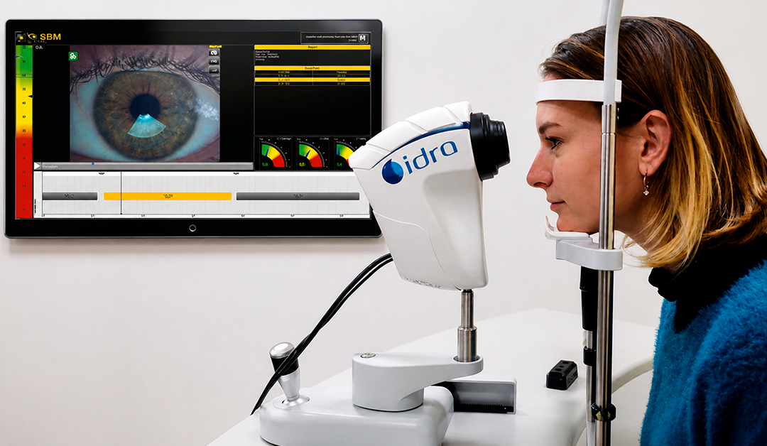 Ophthalmic device captures a close-up eye image on a wall-mounted screen as a patient leans in for a scan with a blue and white Idra instrument in a clinical setting.