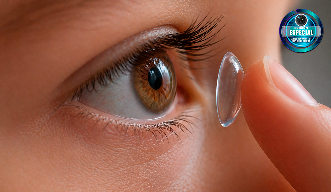 Close-up of a brown eye with a clear contact lens being placed on the cornea, logo badge in upper-right corner
