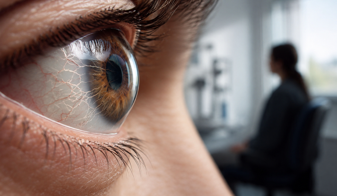Close-up of a brown eye with a glossy contact lens, eyelashes visible, and a blurred office scene in the background.