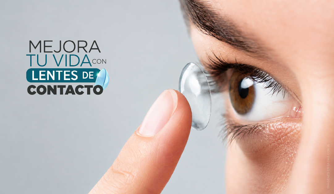Person inserts a contact lens onto the eye; ad text on the left says “Mejora tu vida con lentes de contacto.”