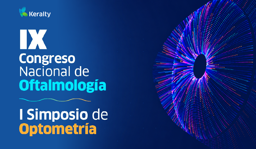Event banner for IX Congreso Nacional de Oftalmología and I Simposio de Optometría with Keralty logo on a blue gradient and a large neon circular light pattern on the right.