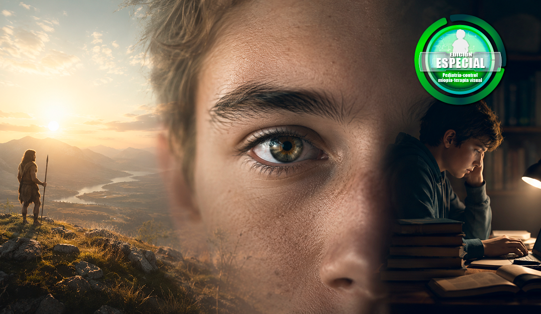 Composite image of a hunter at sunset, a close-up of a young man's eye, and a student studying with books.