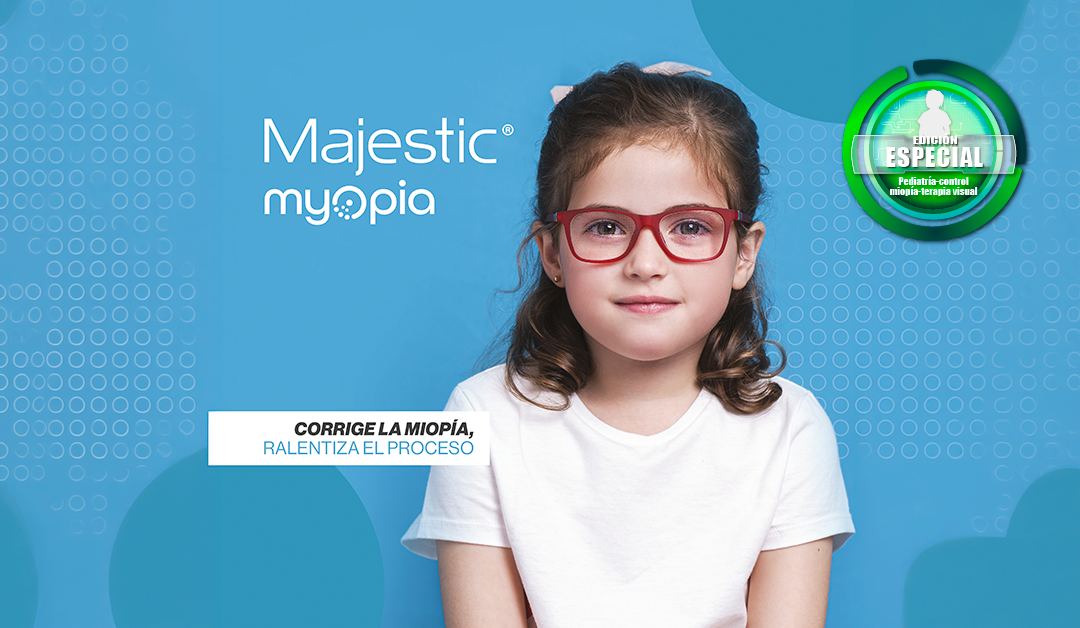 Niña con gafas rojas frente a un fondo azul promocionando Majestic Myopia; texto: corrige la miopía, ralentiza el proceso; insignia de edición especial en la esquina derecha.