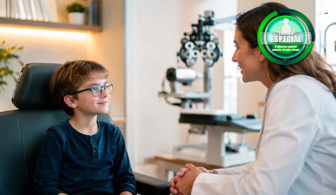 A young boy with glasses sits in an exam chair smiling while talking with a female doctor in an eye clinic, with ophthalmology equipment in the background.
