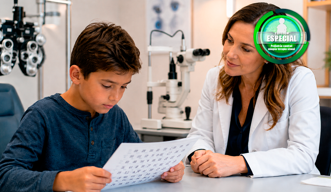 Doctor in a white coat sits with a boy at a clinic desk, reviewing an eye-chart sheet during a vision test.