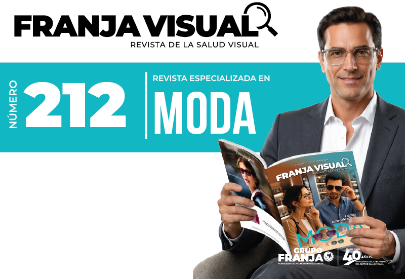 Man in a suit reading a Franja Visual magazine, with a turquoise banner displaying '212' and 'MODA' and the Franja Visual logo at the top.