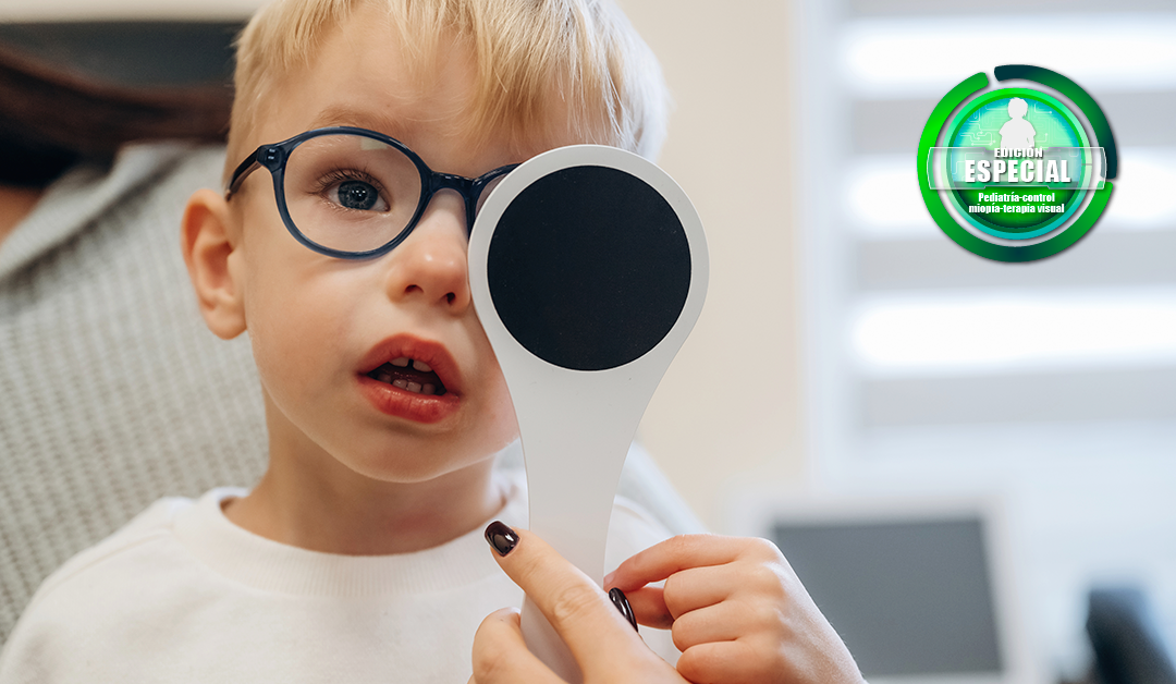 Child with glasses holds a handheld mirror up to their face during a vision check, looking slightly to the side.