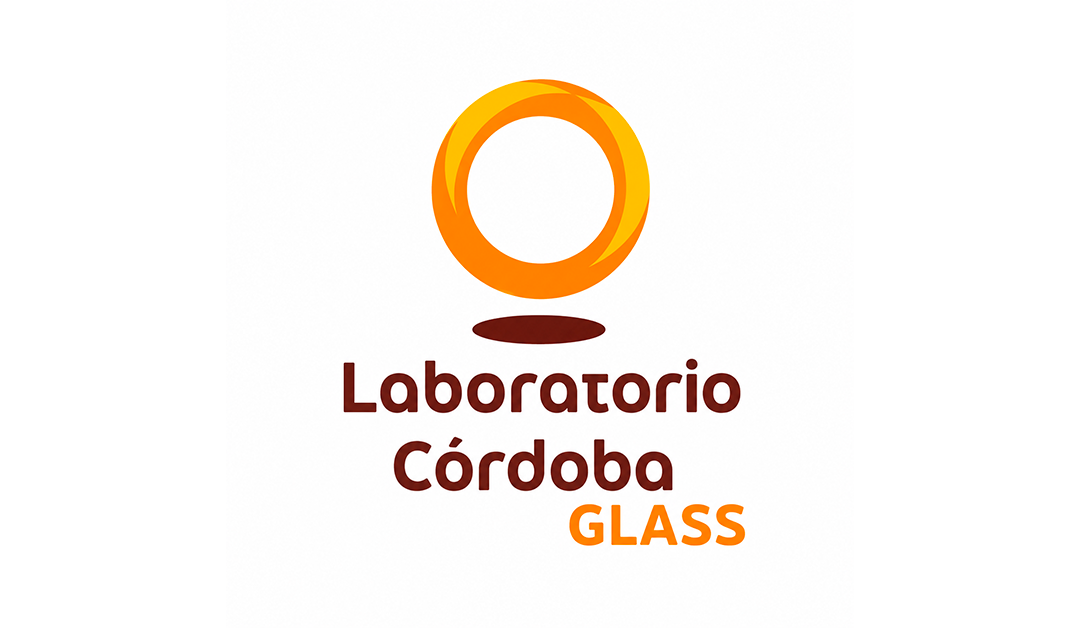 Laboratorio Córdoba Glass logo with an orange circular ring above brown text and orange GLASS.