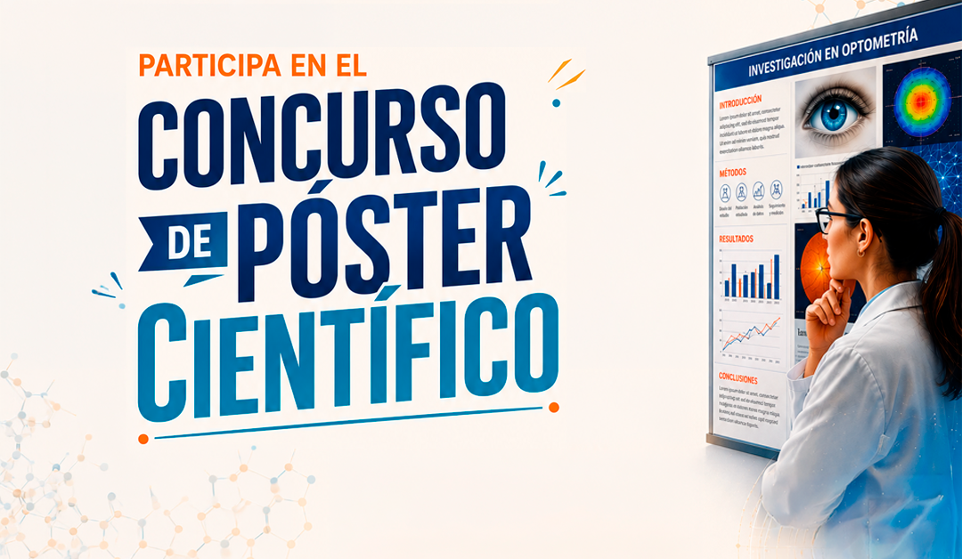 Banner reads 'Concurso de póster científico' inviting participation; a researcher examines a data poster on the right.
