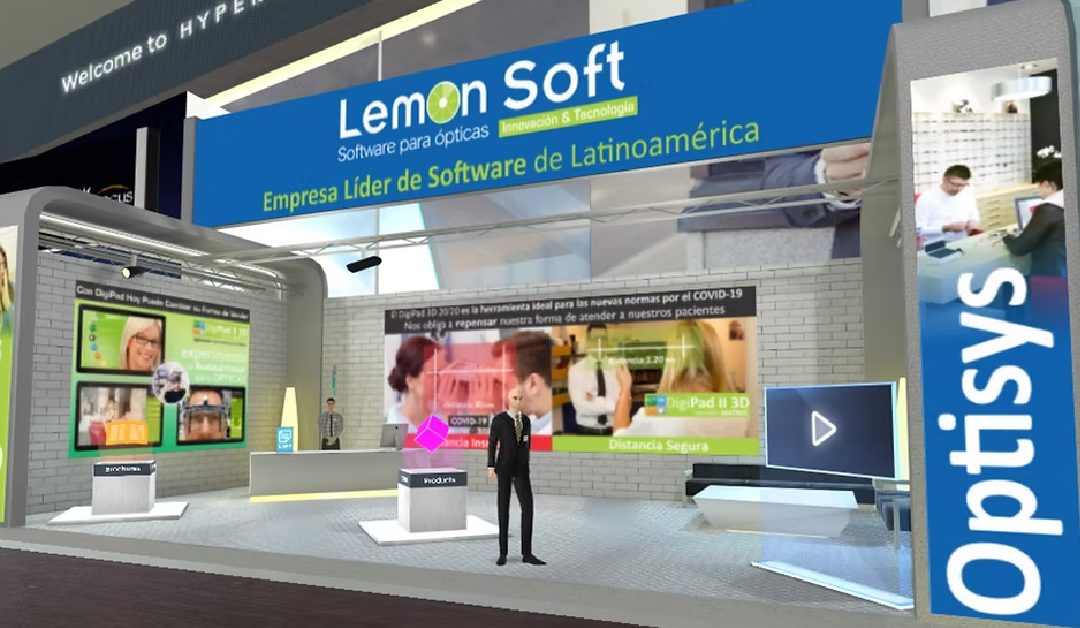 Trade show booth with a blue LemonSoft banner, showcasing software for Latin America; a presenter stand and digital displays visible inside the booth