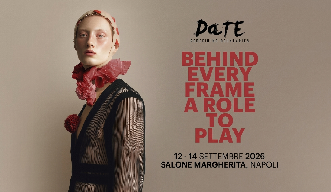 Fashion poster: model in a sheer black gown with a pink ruffle scarf on a beige background, bold red text on the right reads 'Behind every frame a role to play' with Napoli 12–14 Sept 2026 and Salone Margherita details.