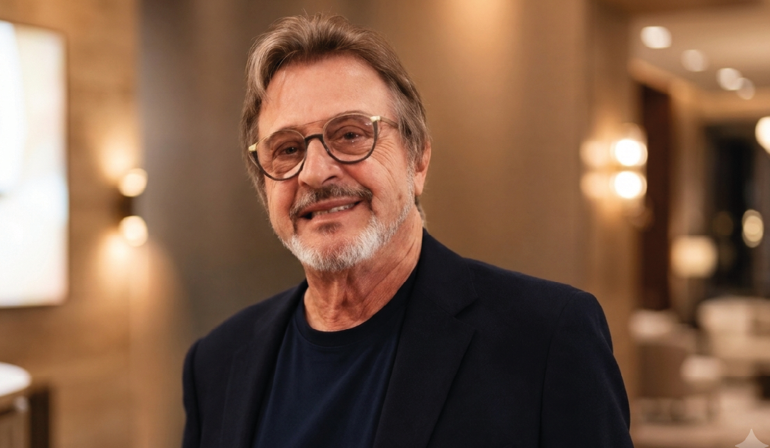 Smiling older man with glasses and a gray beard in a dark blazer, indoors with warm lighting behind him.