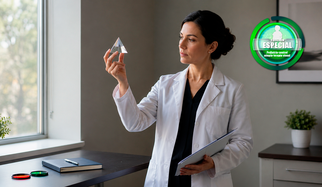 Female scientist in a white lab coat holds a clear glass triangular prism up to the light, standing by a desk with a notebook.