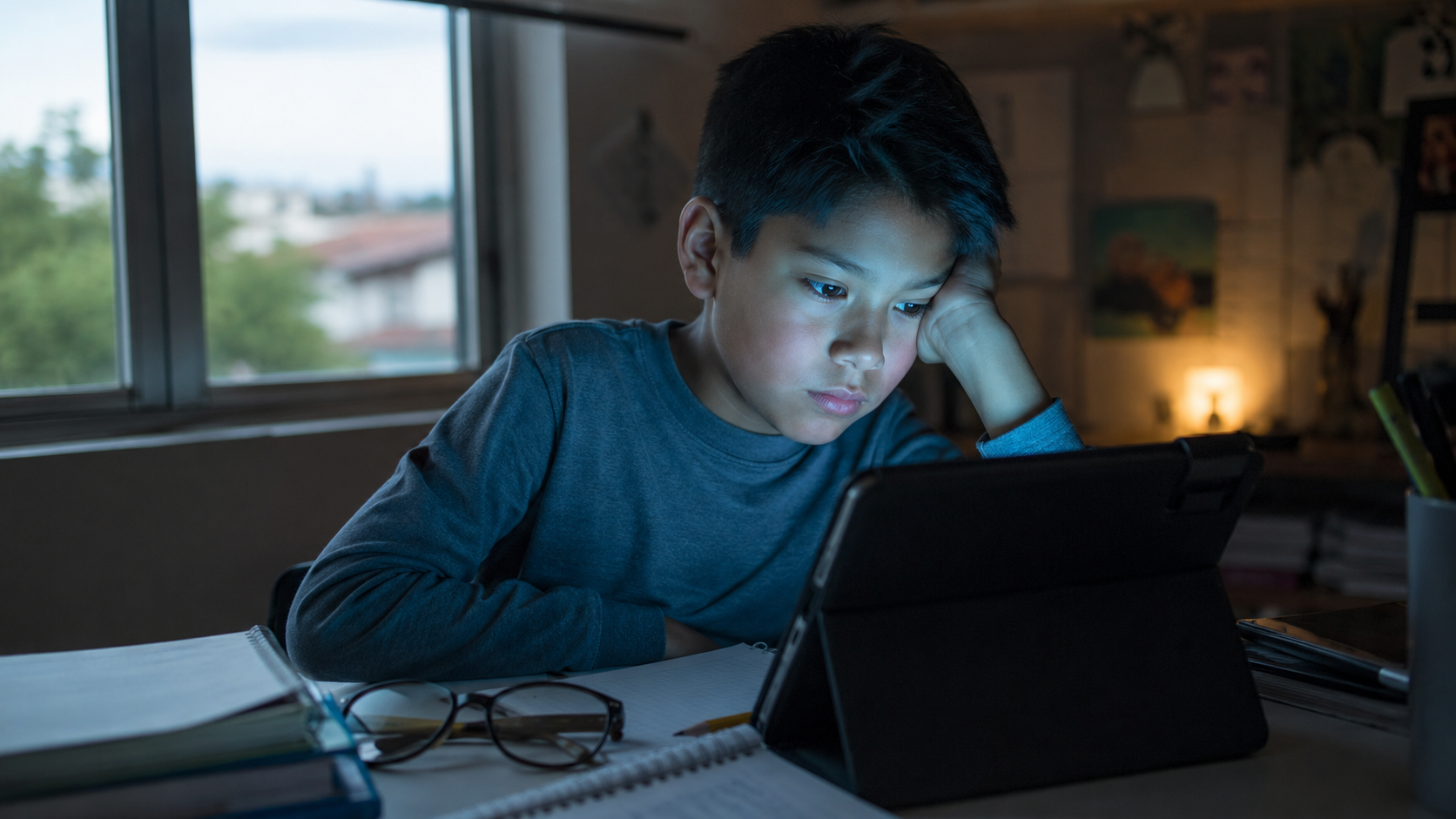 Young boy studying at a desk by a window, focused on a tablet with a case, surrounded by notebooks and glasses.