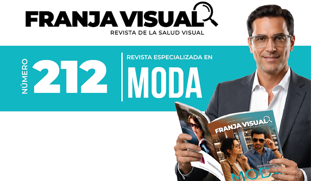 Franja Visual magazine banner reading 'Número 212' with 'MODA'; man in a suit browsing the issue in front.
