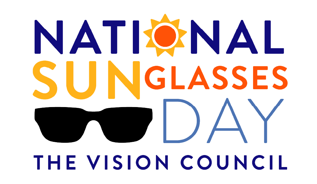 Logo for National Sunglasses Day featuring a sun icon, bold blue and orange letters, and a pair of black sunglasses with The Vision Council text beneath.