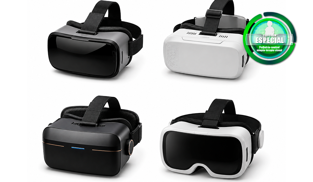 Set of four virtual reality headsets on a white background, in black and white colorways with head straps visible.