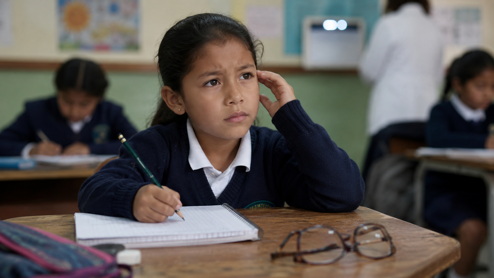 A young girl in a navy school uniform sits at a desk, holding a pencil and thinking with a notebook in front of her.