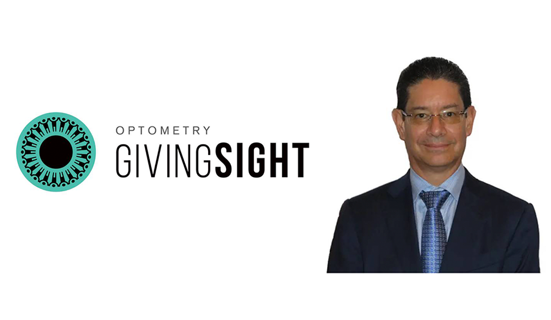 Optometry Giving Sight logo with a teal circular eye icon and the text GIVING SIGHT, paired with a man in a dark suit on the right,