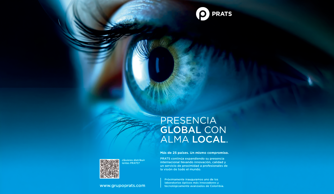 Primer plano de un ojo azul; texto: PRESENCIA GLOBAL CON ALMA LOCAL, en un anuncio de PRATS.