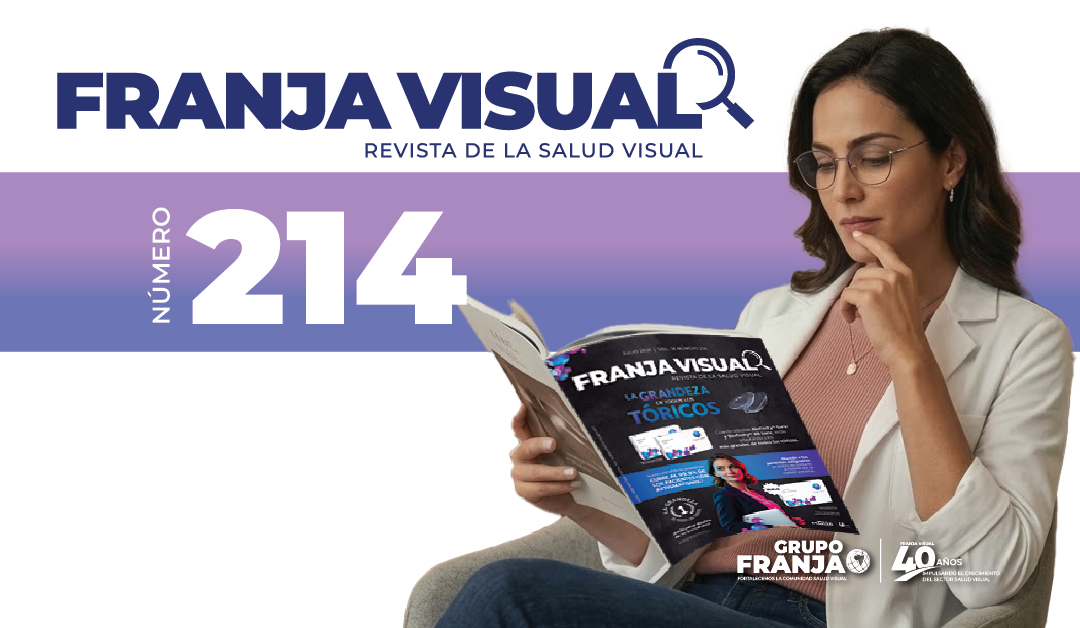 Cover image for Franja Visual magazine, issue 214, featuring a woman reading a glossy issue with a purple stripe and logos in the corner.