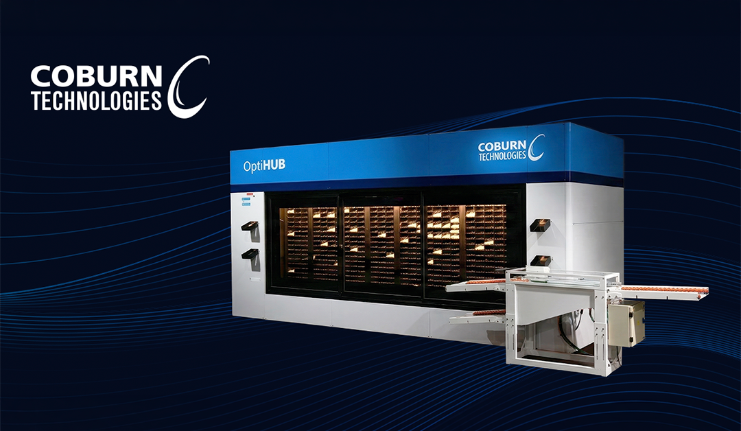 Coburn Technologies OptiHUB industrial machine with blue branding, mounted on a white frame against a dark blue background