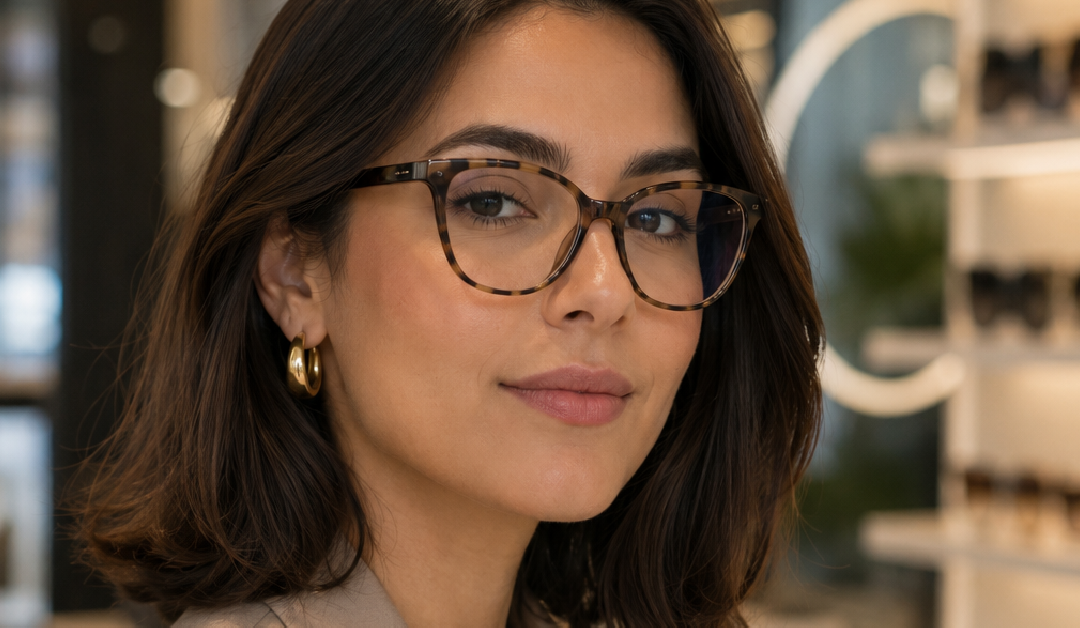 Close-up portrait of a woman wearing tortoiseshell glasses and gold hoop earrings, looking at the camera in a softly lit indoor setting.