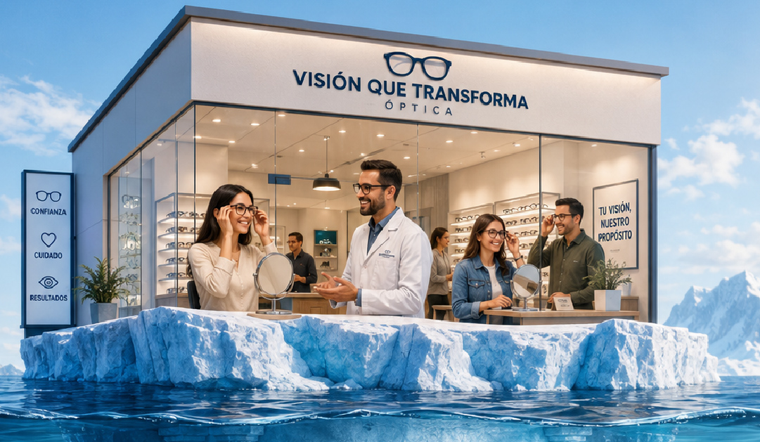 Optical shop on an icy rock platform with staff assisting customers trying on glasses.