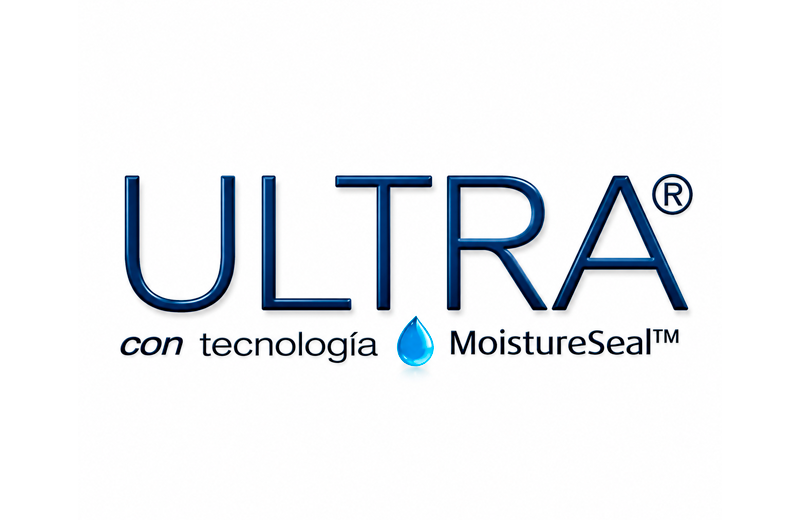 ULTRA logo with blue lettering and a water drop, reading 'con tecnología MoistureSeal' (trademark symbol)