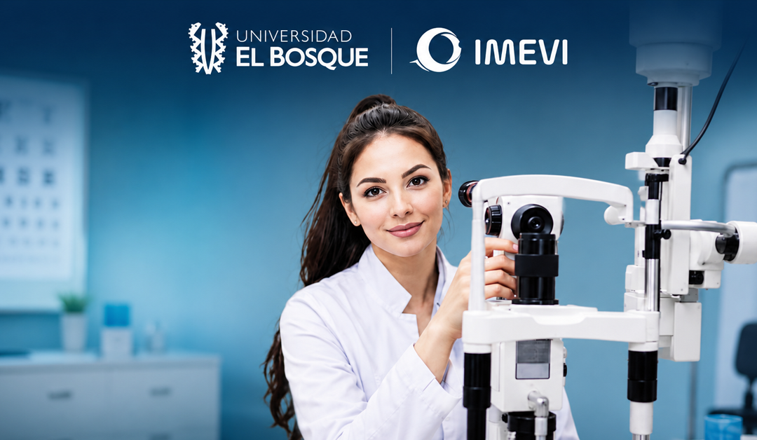Woman in a white lab coat adjusts a microscope in a blue laboratory; Universidad El Bosque and IMEVI logos are at the top.