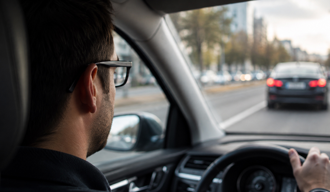 A man wearing glasses sits in the driver's seat, driving along a city street with cars ahead on the road.