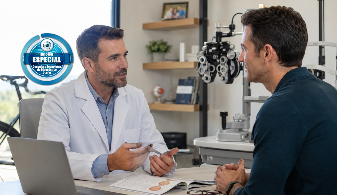 Optometrist explains eye exam results to a male patient at a clinic desk with ophthalmic equipment in the background and a special-edition badge on the left edge of the image.