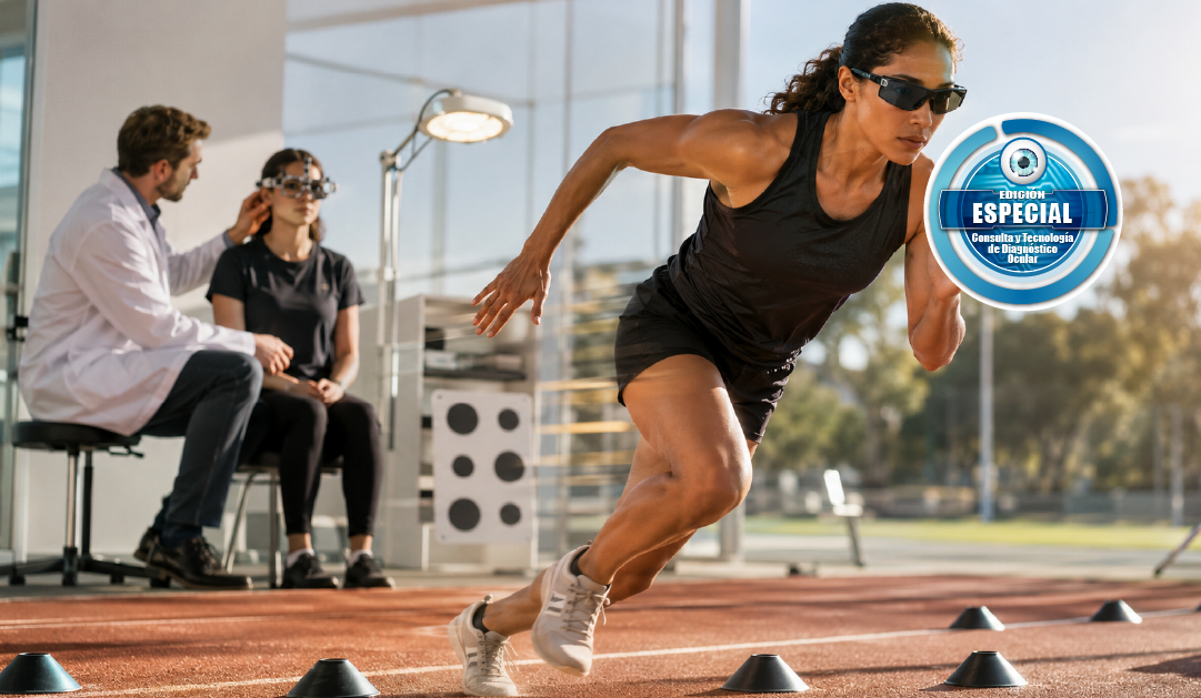 Female athlete in black gear sprinting on an outdoor track while two clinicians watch from the sidelines; a blue 'Especial' badge overlaps the scene.