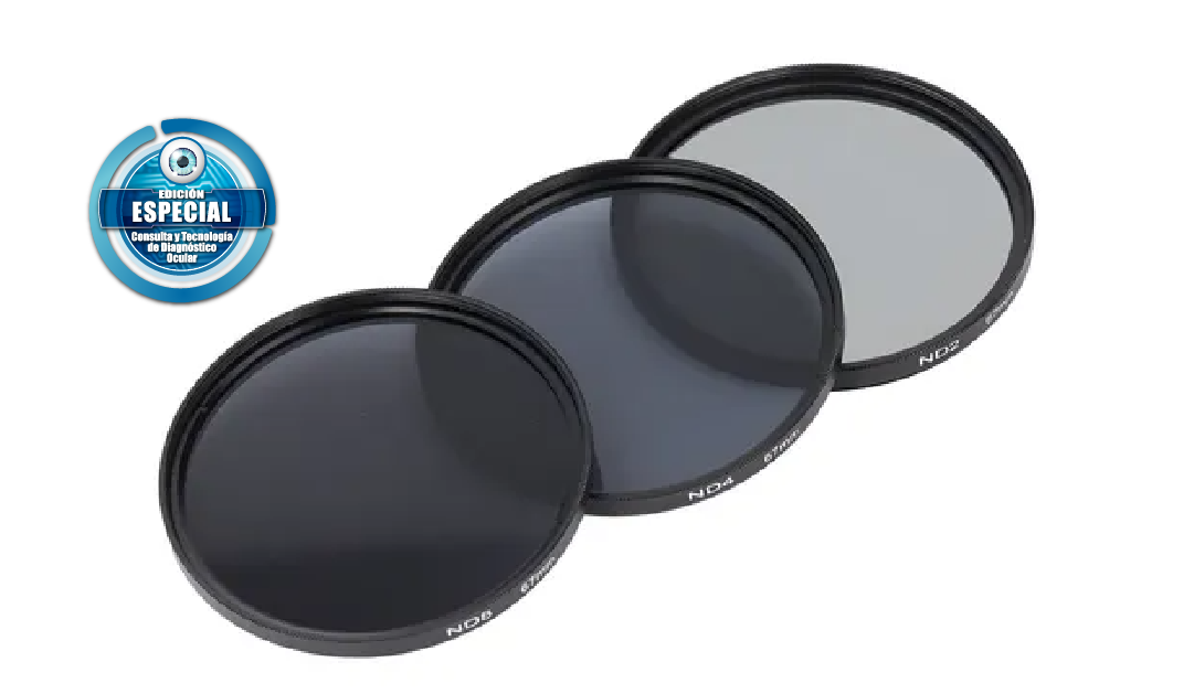 Three dark circular optical filters (ND filters) arranged diagonally with a blue 'Edición Especial' badge in the corner.