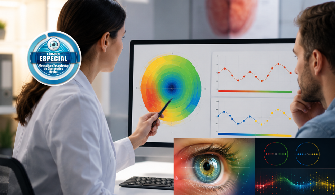 Ophthalmology consultation: clinician points to a colorful corneal topography map on a monitor while a patient watches, with eye images and graphs inset.