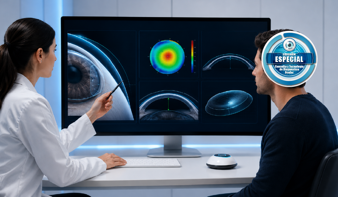 Ophthalmologist explains eye topography maps on a large monitor to a patient during a diagnostic session.