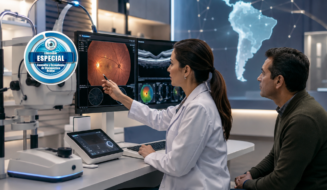 Ophthalmologist explains retinal scan images on two monitors to a patient in a high-tech diagnostic lab.