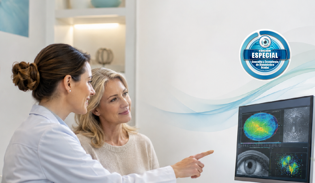 Female clinician explains eye-diagnostic images to a smiling patient at a laboratory monitor.