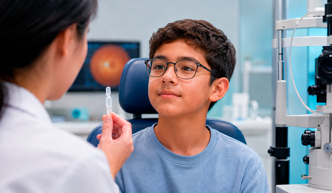 Optometrist holds an eye dropper toward a young patient with glasses during an eye exam in a clinic.
