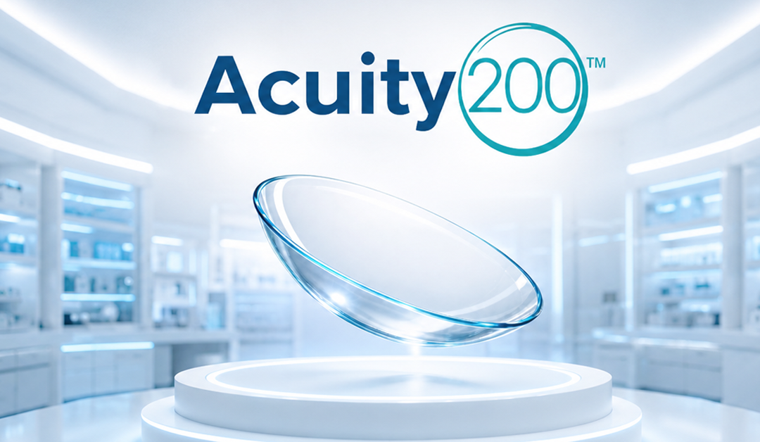Acuity 200 logo with a floating lens on a circular pedestal in a bright high-tech laboratory setting