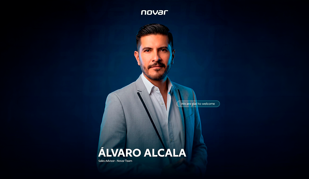 Portrait of Álvaro Alcala, sales advisor for Novar, wearing a light gray suit against a dark blue background with the Novar logo above him.
