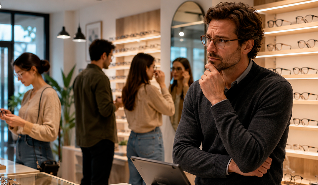 Man in a dark sweater stands at a counter, thoughtfully touching his chin as customers browse eyeglasses on shelves behind him.