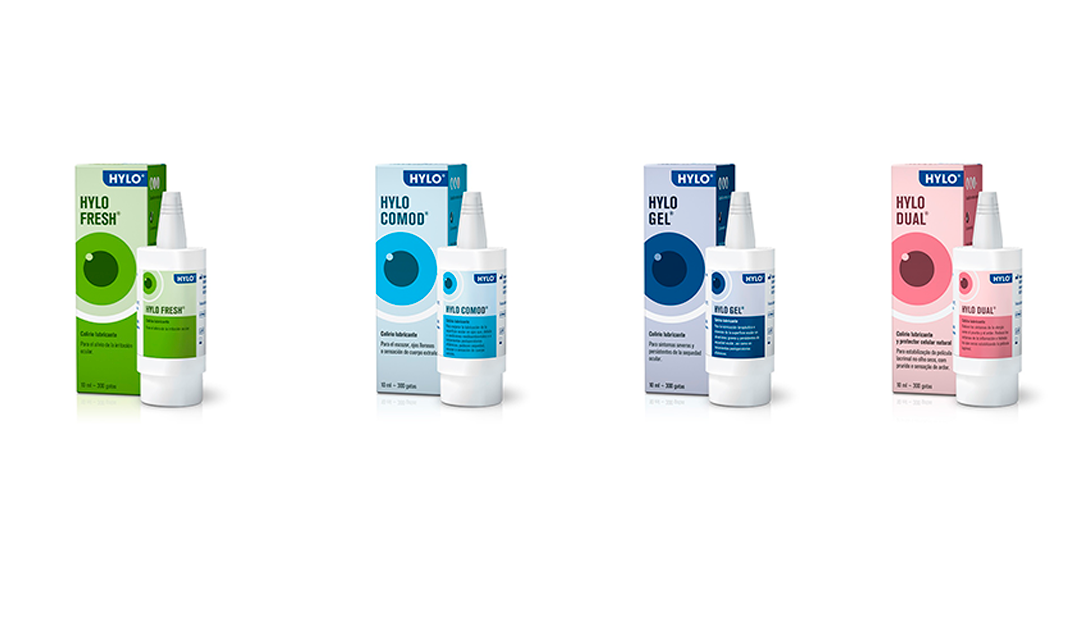 Assorted Hylo eye drops lineup: Hylo Fresh (green), Hylo Comod (blue), Hylo Gel (darker blue), and Hylo Dual (pink) with matching boxes and bottles.