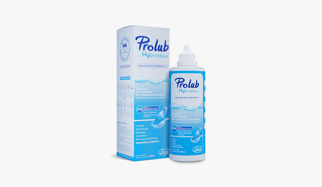 Blue and white Prolab Hydrathan contact lens solution bottle beside its box on a white background