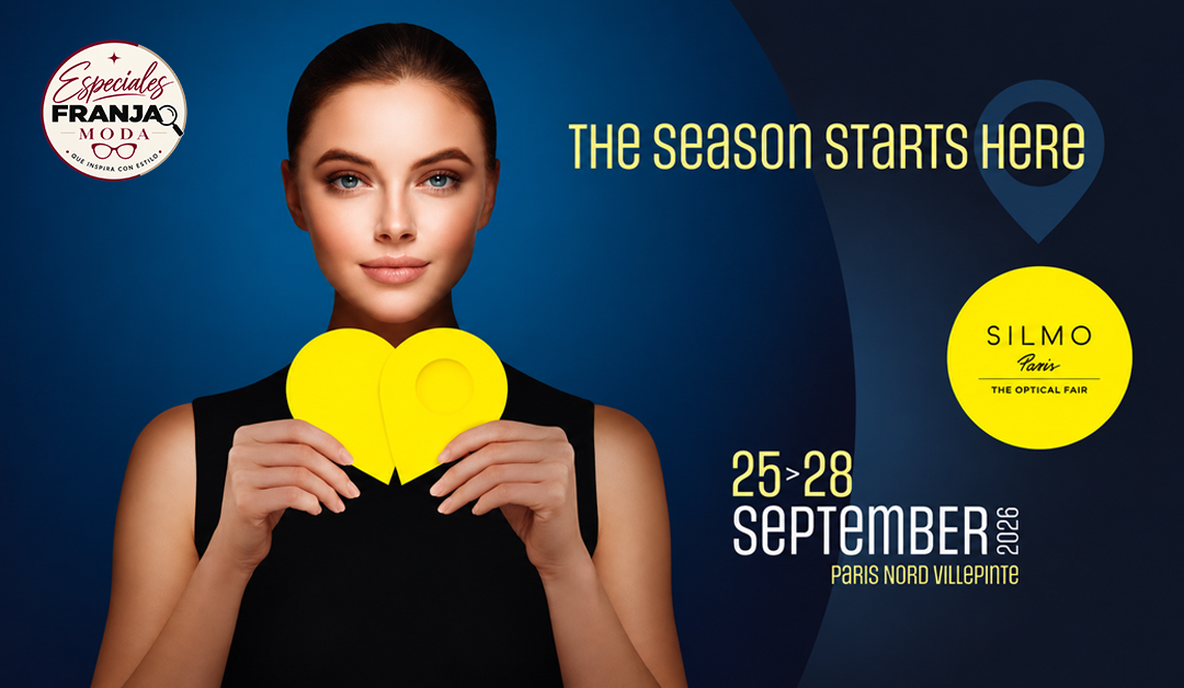 Advertising banner for Silmo Paris optical fair: woman holding bright yellow heart shapes, with event dates and location.
