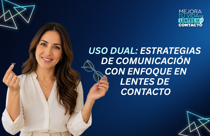 Promotional graphic: smiling woman holds a contact lens and glasses on a blue background; title about dual-use communication strategies for contact lenses.