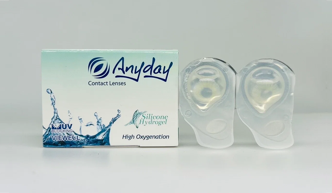 Anyday contact lenses box with two blister-pack lenses on a white surface, highlighting high oxygenation silicone hydrogel