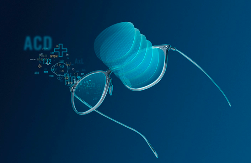 Blue abstract image of glasses with spiraling digital elements, symbolizing technology and vision.