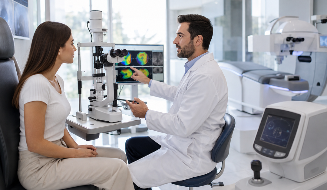 Ophthalmologist explains color retinal scans to a patient during an eye exam using a slit-lamp camera.
