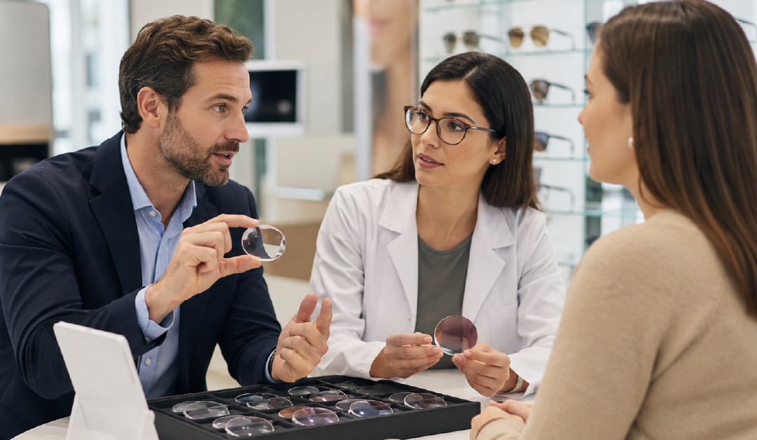 Optician and two customers in an eyewear store compare round lenses; man holds a clear lens up for discussion.